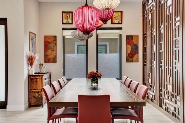 Dining room, Interior, Pendant Lights, Wood Texture Flooring