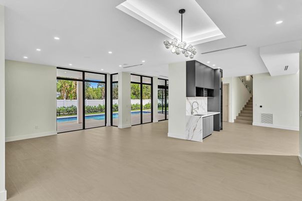 Interior, Kitchen, Marble Walls, Pendant Lights, Recessed Lighting, Wood Texture Flooring