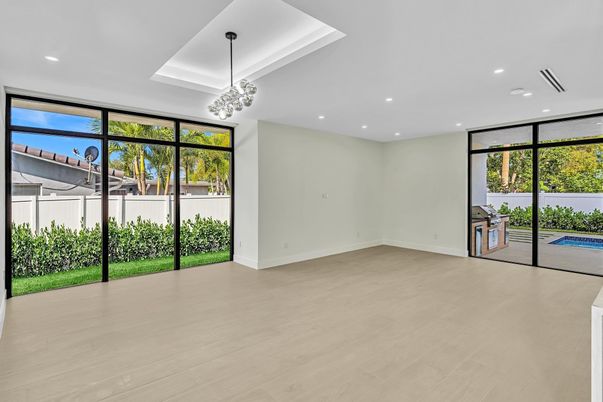 Empty room, Interior, Pendant Lights, Recessed Lighting, Wood Texture Flooring