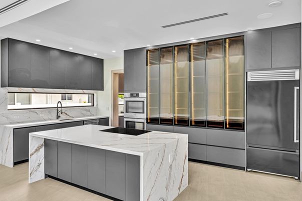Interior, Kitchen, Marble Walls, Recessed Lighting, Wood Texture Flooring
