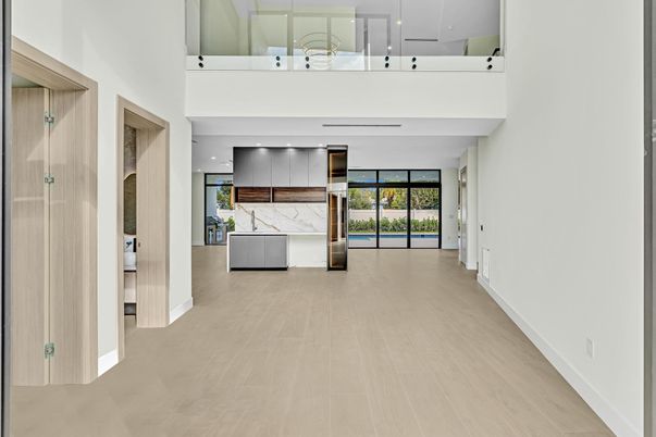 Interior, Marble Walls, Recessed Lighting, Wood Texture Flooring