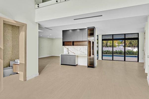 Interior, Kitchen, Marble Walls, Recessed Lighting, Wood Texture Flooring