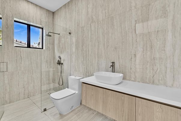 Bathroom, Glass Shower, Interior, Wood Texture Flooring