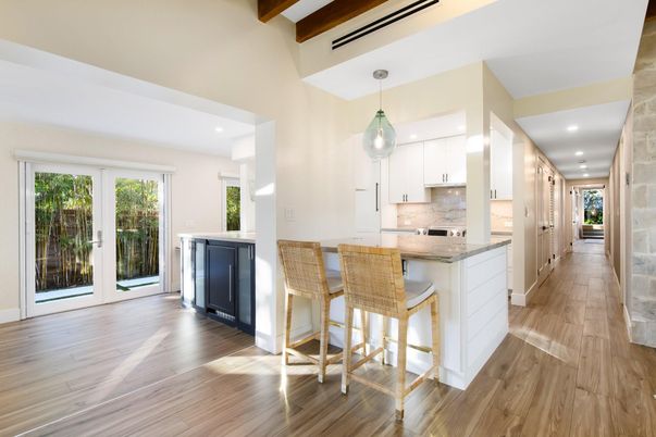 Interior, Kitchen, Pendant Lights, Recessed Lighting, Stainless Steel Appliances, Wooden Beams, Wood Texture Flooring