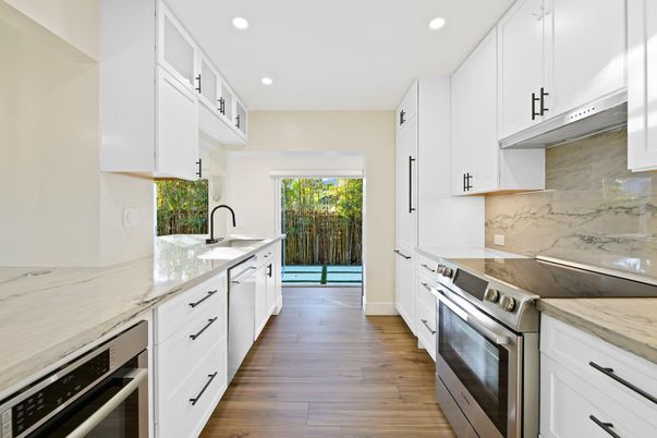 Interior, Kitchen, Recessed Lighting, Stainless Steel Appliances, Wood Texture Flooring