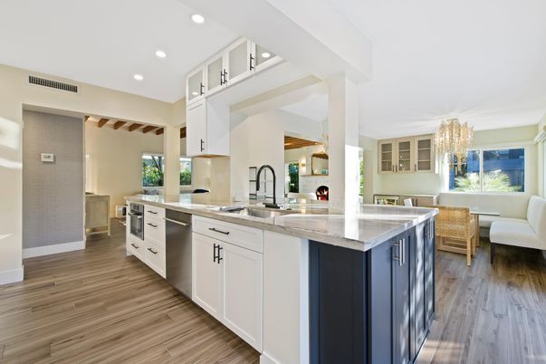 Chandelier, Interior, Kitchen, Recessed Lighting, Stainless Steel Appliances, Wood Texture Flooring