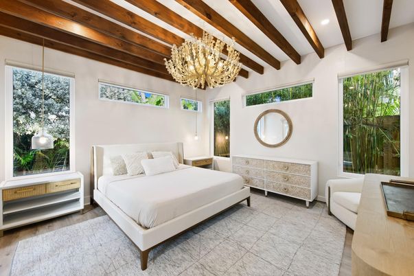 Bedroom, Chandelier, Interior, Recessed Lighting, Wooden Beams, Wood Texture Flooring