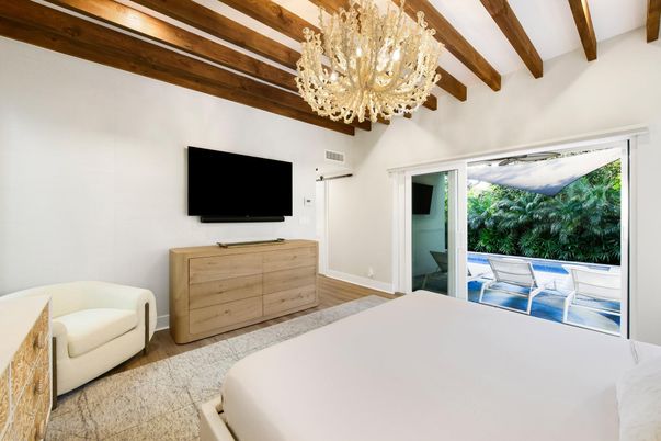 Bedroom, Chandelier, Interior, Wooden Beams, Wood Texture Flooring