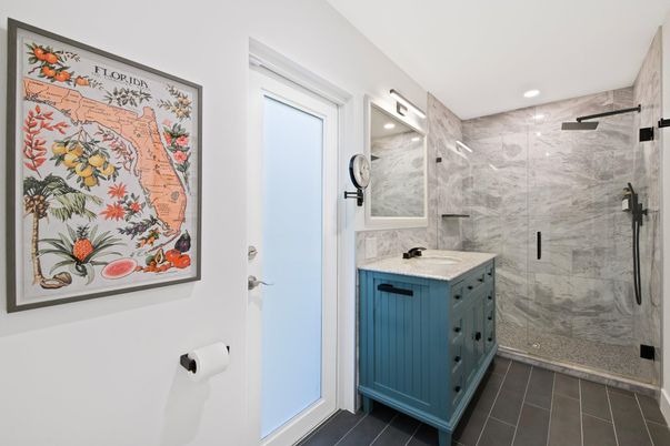 Bathroom, Glass Shower, Interior, Marble Walls, Recessed Lighting