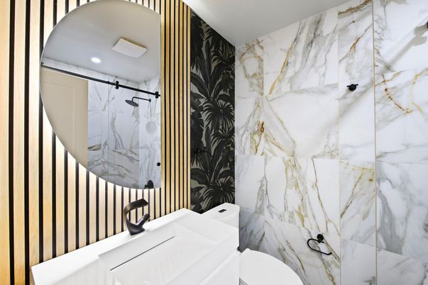 Bathroom, Interior, Marble Walls, Recessed Lighting