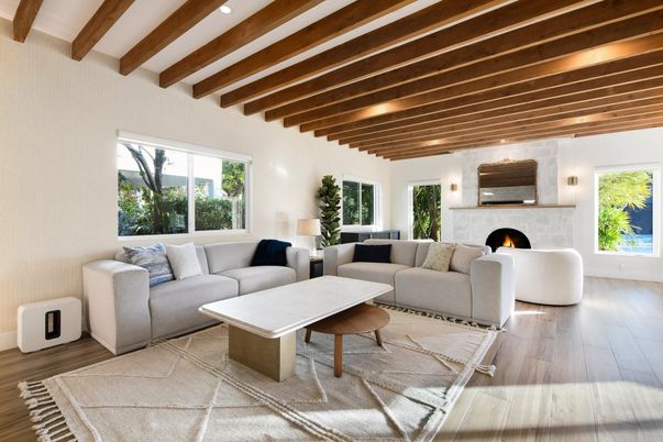 Fireplace, Interior, Living room, Recessed Lighting, Wooden Beams, Wood Texture Flooring
