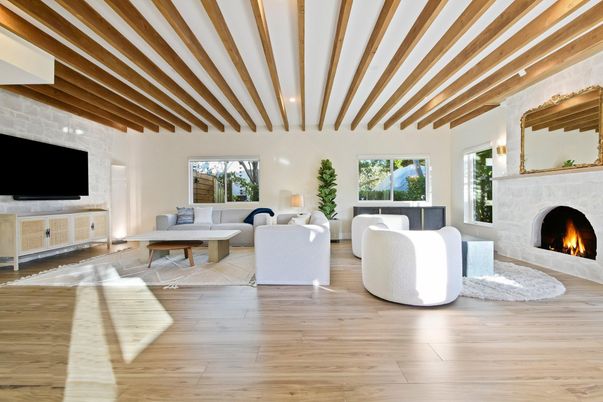 Fireplace, Interior, Living room, Wooden Beams, Wood Texture Flooring