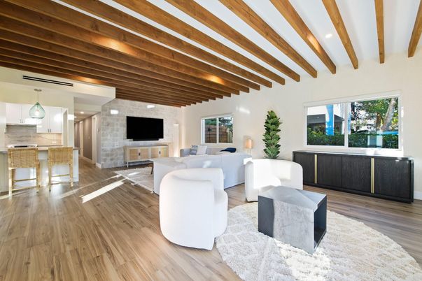 Interior, Kitchen, Living room, Pendant Lights, Recessed Lighting, Stone Walls, Wooden Beams, Wood Texture Flooring