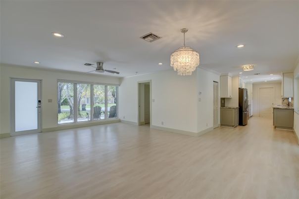 Chandelier, Empty room, Interior, Kitchen, Recessed Lighting, Wood Texture Flooring