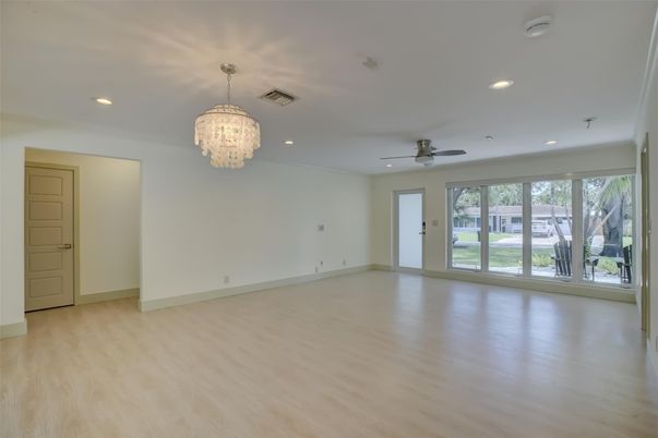 Chandelier, Empty room, Interior, Recessed Lighting, Wood Texture Flooring