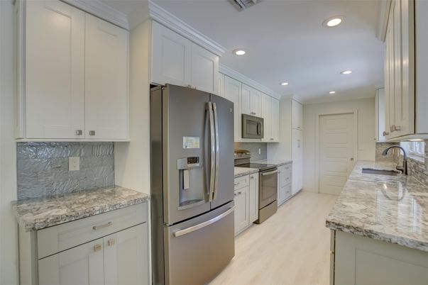 Interior, Kitchen, Recessed Lighting, Stainless Steel Appliances, Wood Texture Flooring