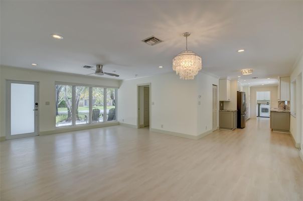 Chandelier, Empty room, Interior, Kitchen, Recessed Lighting, Wood Texture Flooring