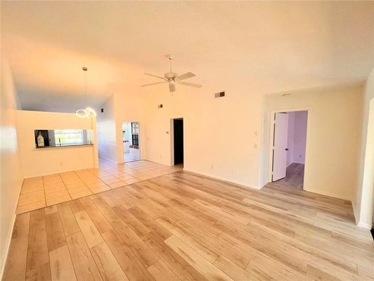Empty room, Interior, Pendant Lights, Wood Texture Flooring