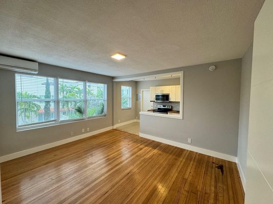 Empty room, Interior, Kitchen, Recessed Lighting, Wood Texture Flooring