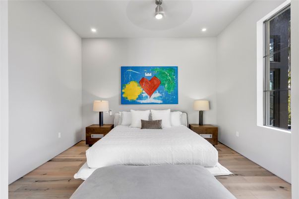 Bedroom, Interior, Recessed Lighting, Wood Texture Flooring