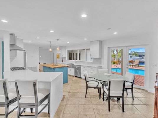 Dining room, Interior, Kitchen, Pendant Lights, Recessed Lighting, Stainless Steel Appliances, Water