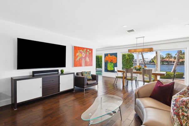 Dining room, Interior, Living room, Pendant Lights, Recessed Lighting, Water, Wood Texture Flooring
