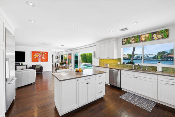 Dining room, Interior, Kitchen, Living room, Pendant Lights, Recessed Lighting, Water, Wood Texture Flooring
