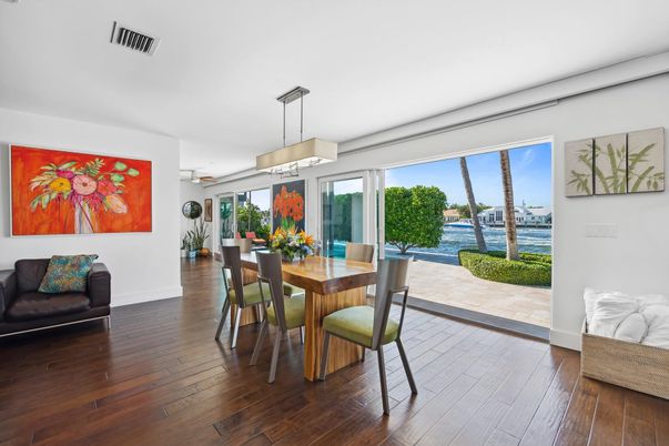 Dining room, Interior, Pendant Lights, Water, Wood Texture Flooring