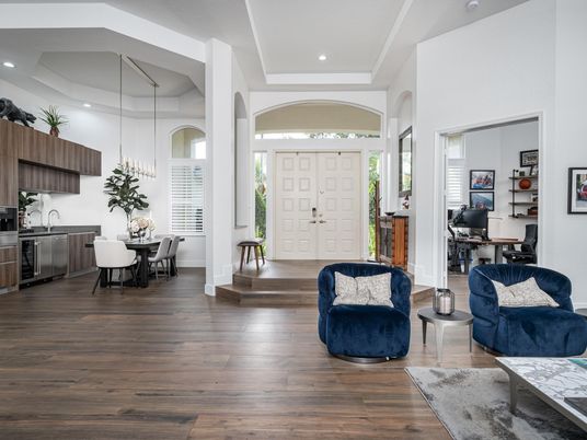 Dining room, Interior, Pendant Lights, Recessed Lighting, Wood Texture Flooring