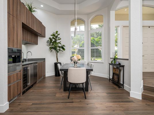 Dining room, Interior, Kitchen, Pendant Lights, Recessed Lighting, Wood Texture Flooring