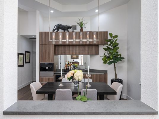 Dining room, Interior, Kitchen, Pendant Lights, Recessed Lighting, Wood Texture Flooring