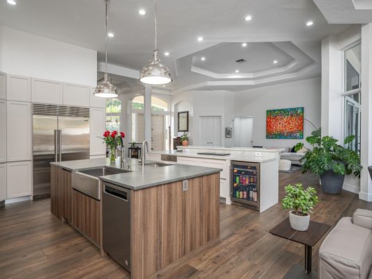 Interior, Kitchen, Pendant Lights, Recessed Lighting, Stainless Steel Appliances, Wood Texture Flooring