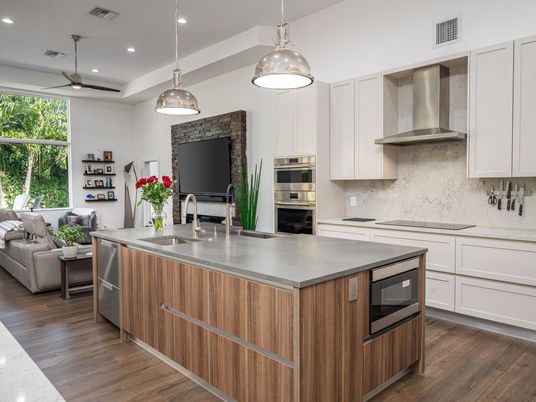 Interior, Kitchen, Living room, Pendant Lights, Recessed Lighting, Stainless Steel Appliances, Wood Texture Flooring