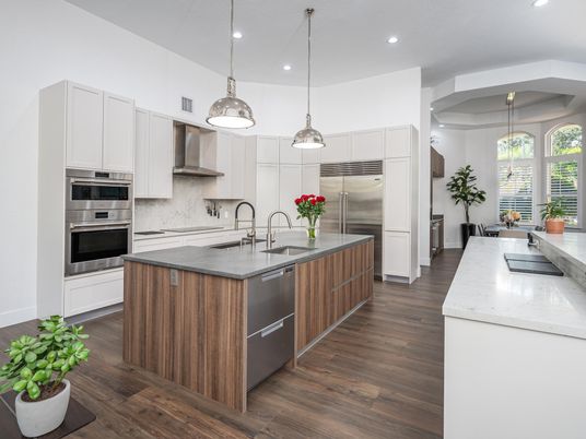 Interior, Kitchen, Pendant Lights, Recessed Lighting, Stainless Steel Appliances, Wood Texture Flooring