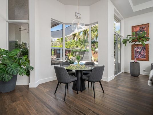 Dining room, Interior, Pendant Lights, Wood Texture Flooring