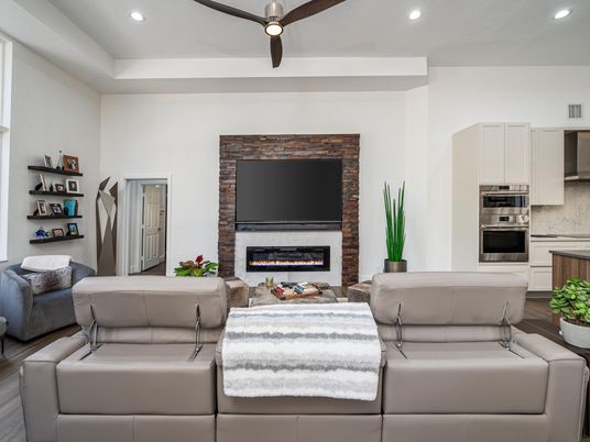 Fireplace, Interior, Kitchen, Living room, Recessed Lighting, Stainless Steel Appliances, Stone Walls, Wood Texture Flooring