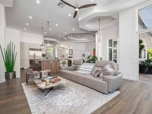 Interior, Kitchen, Living room, Pendant Lights, Recessed Lighting, Stainless Steel Appliances, Wood Texture Flooring