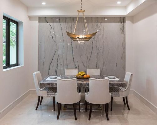 Dining room, Interior, Marble Walls, Pendant Lights, Recessed Lighting