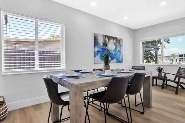 Dining room, Interior, Recessed Lighting, Wood Texture Flooring