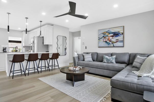 Interior, Kitchen, Living room, Pendant Lights, Recessed Lighting, Stainless Steel Appliances, Wood Texture Flooring