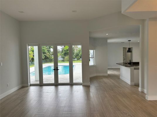 Empty room, Interior, Pendant Lights, Recessed Lighting, Wood Texture Flooring