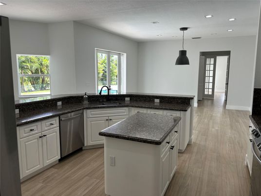 Interior, Kitchen, Pendant Lights, Recessed Lighting, Stainless Steel Appliances, Wood Texture Flooring