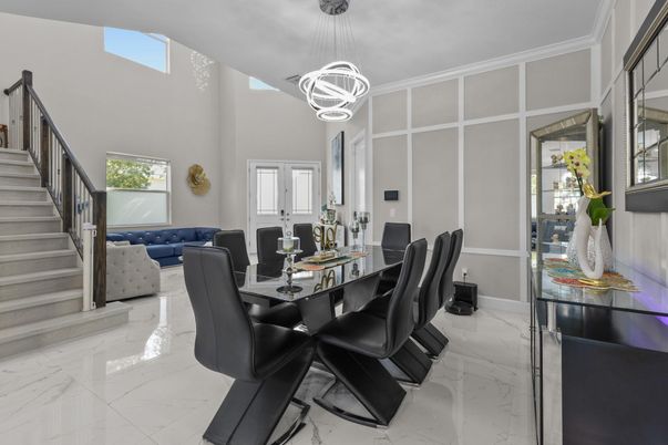 Dining room, Interior, Marble, Pendant Lights