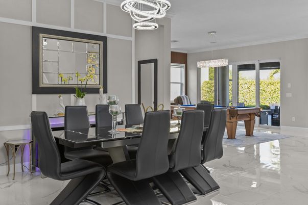 Billiard Table, Dining room, Game Room, Interior, Marble, Pendant Lights