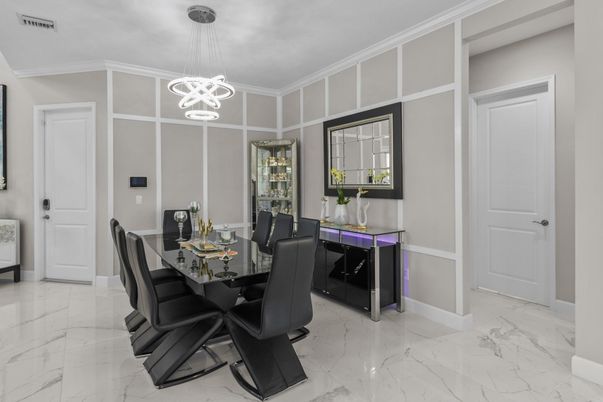 Dining room, Interior, Marble, Pendant Lights
