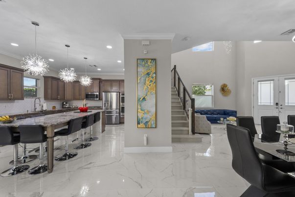 Interior, Kitchen, Marble, Pendant Lights, Recessed Lighting, Stainless Steel Appliances