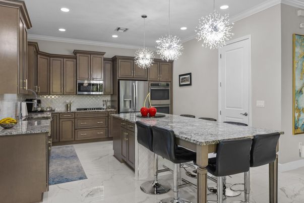 Interior, Kitchen, Marble, Pendant Lights, Recessed Lighting, Stainless Steel Appliances