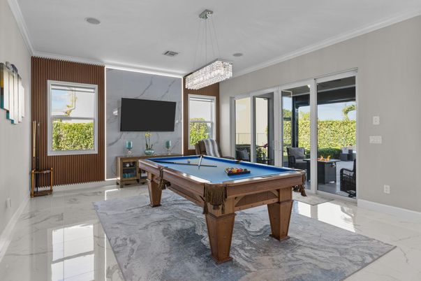 Billiard Table, Chandelier, Game Room, Interior, Marble