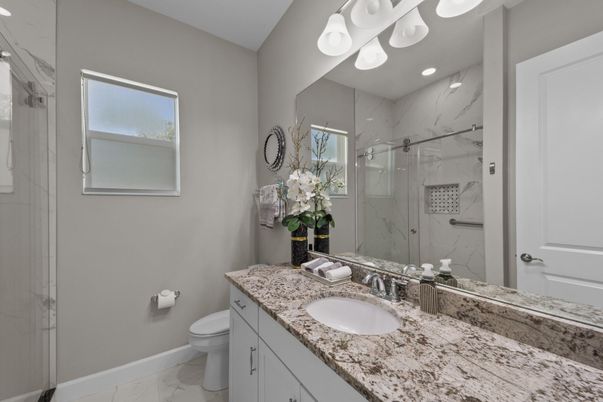 Bathroom, Glass Shower, Interior, Marble, Marble Walls, Recessed Lighting