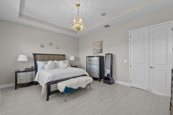 Bedroom, Interior, Pendant Lights, Wood Texture Flooring